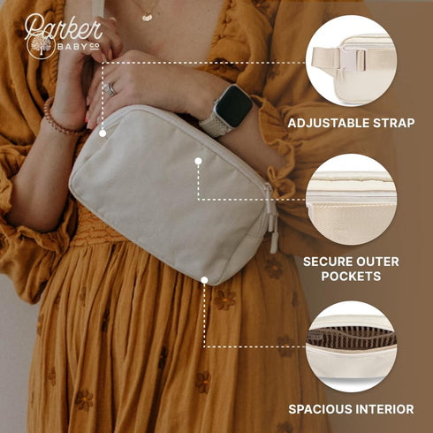 Pack Parker Baby Diaper Belt Bag - Portable Fanny Diaper Bag, Crossbody Bag for Moms - "Birch Belt Bag" - Cream
