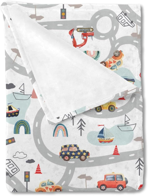 Cartoon Road Car Vehicles Baby Blanket, City Roadway Truck Boat Mountain Forest, Soft Swaddle Blanket 30x40
