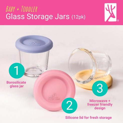4oz Set 12 Elk and Friends Borosilicate Glass Baby Food Storage Jars with Silicone Lid | Strong Glass | of | Microwave