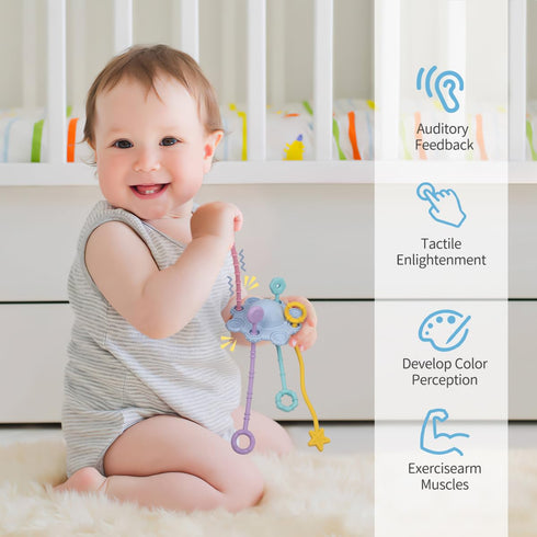 Montessori Pull String Toys for Baby, 100% Food Grade Silicone with Built-in Rattle Function, Easy to Clean (Blue)