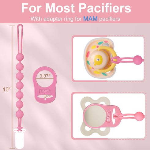 4-Pack Dummy, Dummies, Silicone Pacifier Clip with Adapter Ring Fits MAM Soft Flexible Binky Holder for Button-Style