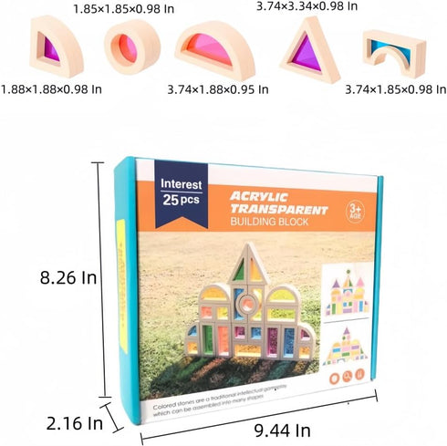 Wooden Rainbow Blocks, Acrylic Blocks, Colorful Preschool Learning Educational Toys for Toddlers (25 PCS)