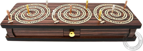 Spiral Design Continuous Cribbage Board/Box - 3 Track in Rosewood/Maple Wood with Storage for Cards & Pegs