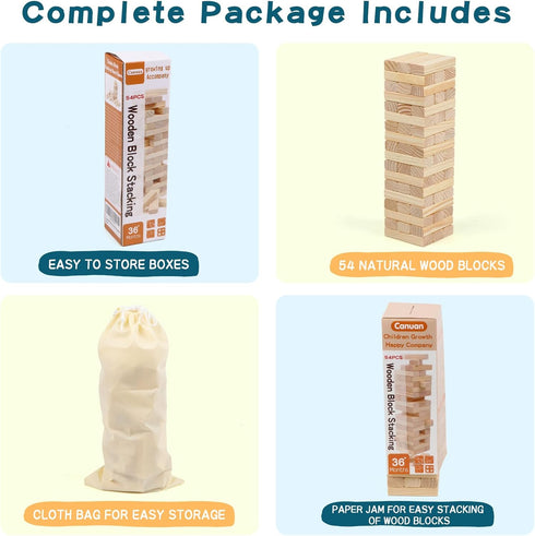 54PCS Classic Block Stacking Board Game Wooden Blocks Stacking Games for Kids and Families Tumbling Tower Blocks Game