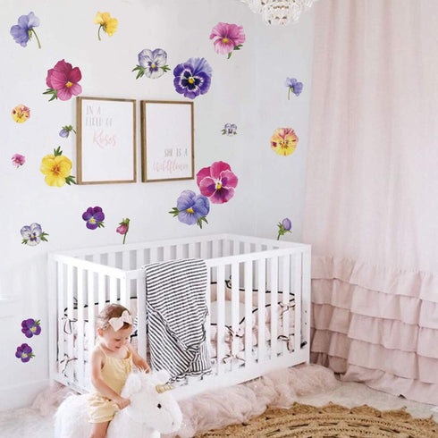 Pansy Flowers Wall Stickers, DIY Floral Wall Decals Art Decor for Kids Girls Bedrooms, Living Room