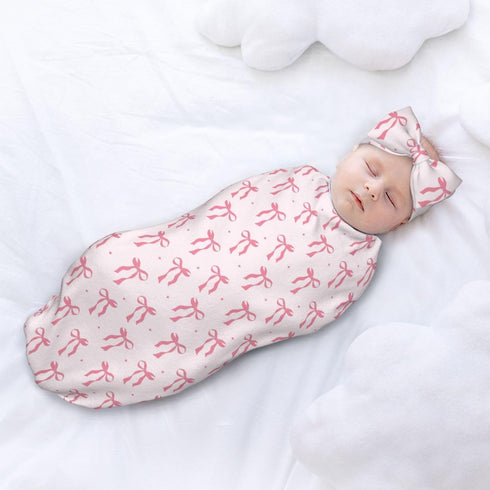 zhedongsj Set Pink Bow Baby Stuff Swaddle Blanket for Girls, Soft Newborn Swaddling Sack Shower Gift with Hat and Bow