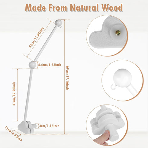 Abizarch 27inch Baby Crib Mobile Arm, Wooden Crib Mobile Holder, Angle Height Cot Mobile Arm, Crib Mobile Bed Bell