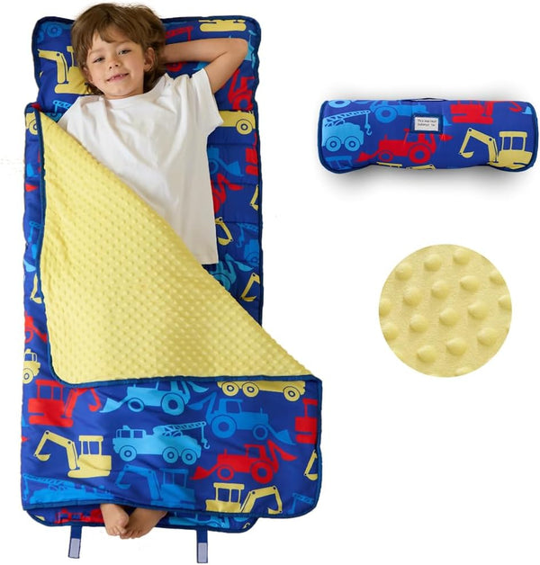 beeweed Toddler Nap Mat, Rollup Kid Sleeping Mat with Removable Pillow & Minky Blanket for Daycare
