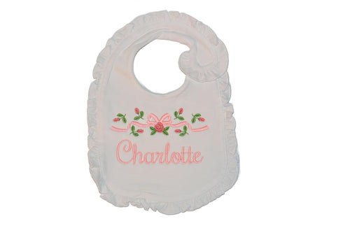 Set Personalized Baby Girl Rosebud Gift Includes Burp Cloth Bodysuit Headband and Ruffle Bib