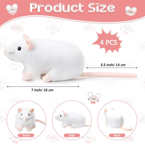 4 Pcs Stuffed Rat Plush Toys, Realistic 7 Inch Soft Cuddly Mouse Plushies for Birthday Party Favor (White)