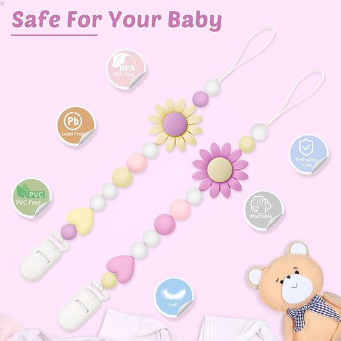 2 Pack Silicone Pacifier Clip for Boys and Girls, One-Piece Design, Adorable Sunflower Holder for Baby Teethers