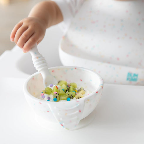 Bumkins Baby Bowls, Silicone Baby Feeding Set, Suction Bowls for Baby and Toddler with Spoon and Lid, First Feeding Set, Platinum Silicone Bowl for Babies 4 Months by Bumkins
