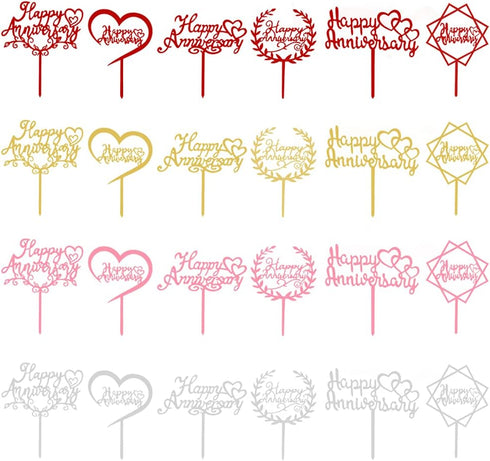 24Pcs Happy Anniversary Cake Topper Multicolour Acrylic for Wedding Retirement Anniversary Celebration Party Decorations