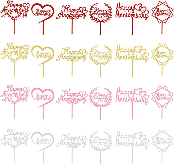 24Pcs Happy Anniversary Cake Topper Multicolour Acrylic for Wedding Retirement Anniversary Celebration Party Decorations