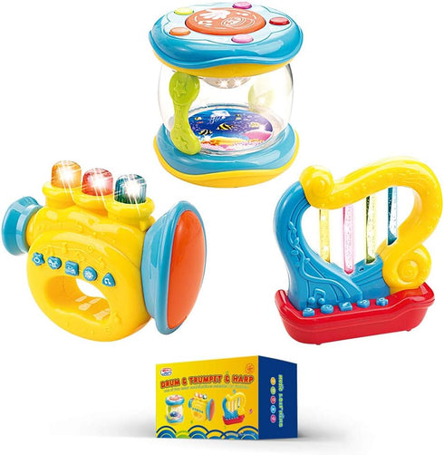 WEofferwhatYOUwant Set of 3 Music Toys - Trumpet, Drum, and Harp with Batteries for Baby Learning