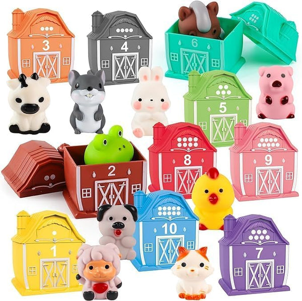 Learning Barn Toys for Toddlers 3+, 20 Pieces Farm Animal Finger Puppets, Montessori Counting and Matching Set