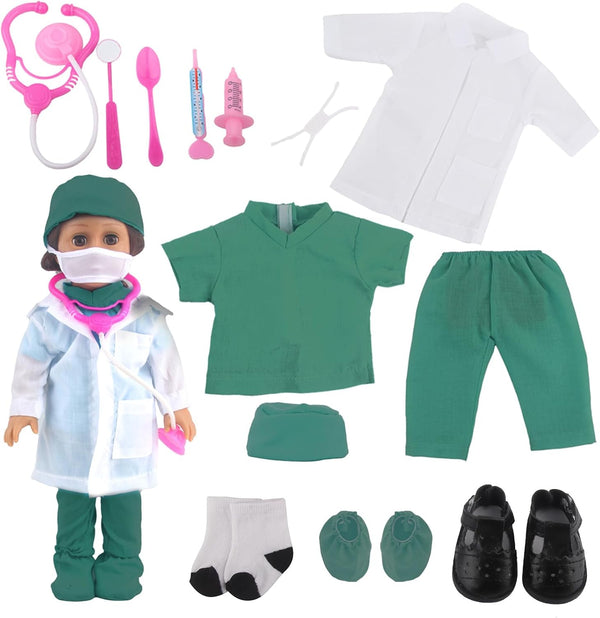 Doll Doctor Outfits and Medical Kit Accessories for 18 Inch Dolls, White Coat, Green Scrubs, Playset
