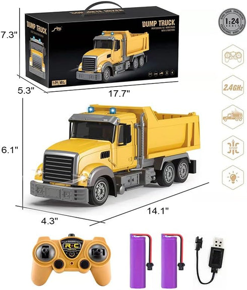 RC Dump Truck Toy for Kids, 6 Channel Remote Control Dump Truck with LED Lights & 2 Rechargeable Batteries