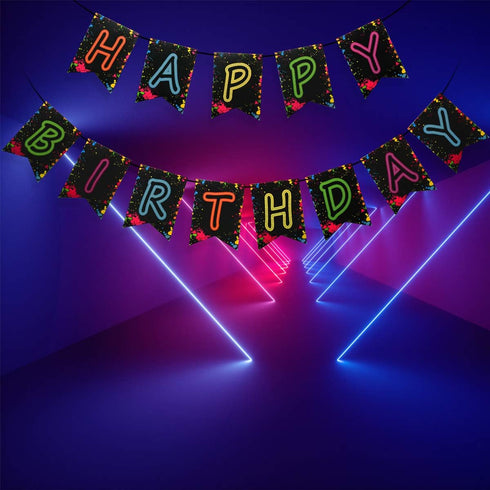 Glow Party Happy Birthday Banner Decoration - Assembled 80s Neon Party Supplies, Glow in the Dark Decorations
