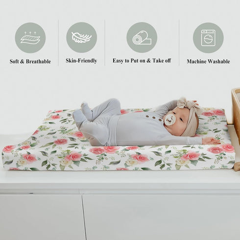ZoUbqchY Summer 32''16'' Bloom Rose Green Leaves Changing Pad Coves for Baby Girl Boy Boho Floral Fitted Change Table