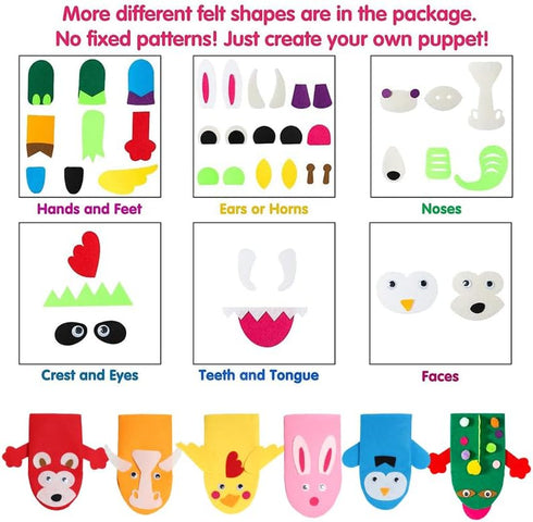 6Pcs WATINC Hand Puppet Making Kit, Art Craft Felt Sock Puppet Toys, Creative DIY Make Your Own Pompoms Wiggle Googly