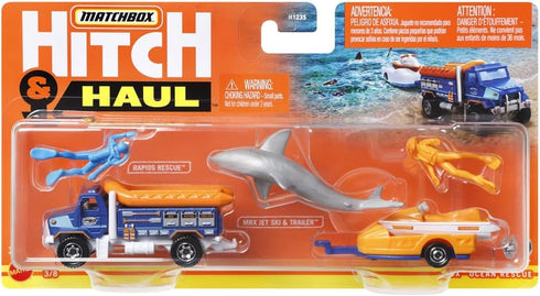 Matchbox Hitch & Haul Die-cast Vehicle Playset - Deep Sea Diver Shark Attack Rescue 7 Piece Set with Truck and Jet Ski