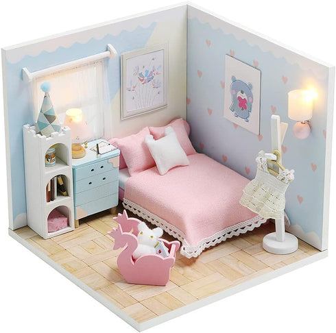 Kisoy Dollhouse Miniature with Furniture Kit, DIY 3D Wooden House Kit with Dust Cover & LED, Handmade Gift