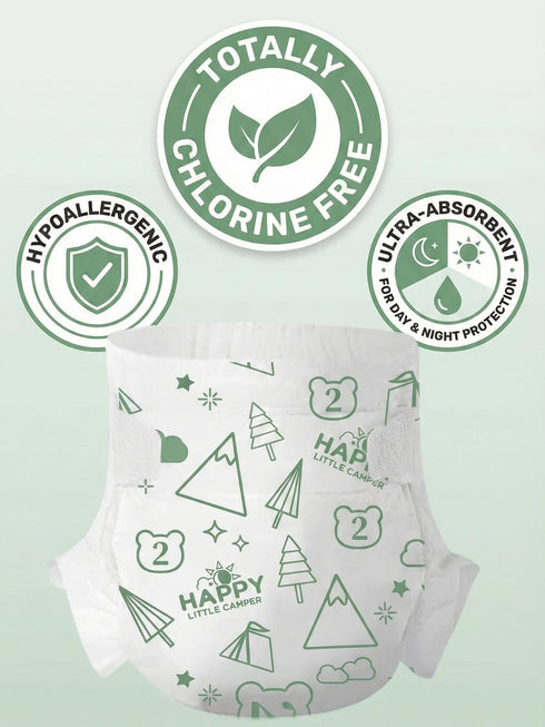 2, 100 Count Happy Little Camper Super Saver Diapers, Size | Budget-Friendly Disposable Baby Diapers for Sensitive Skin