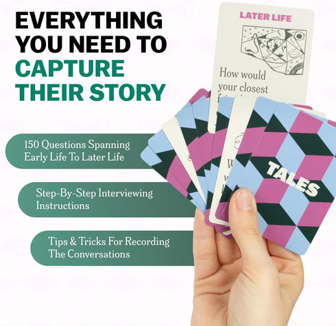 150 TALES Life Story Interview Kit, Conversation Cards, for Grandparents, Parents, Families, Adults, Game Night, Road