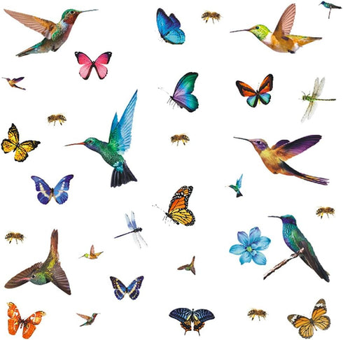 32Pcs Watercolor Butterfly and Hummingbird Stickers, Self Adhesive Wall Decals for Bedroom, Nursery, Kids Playroom