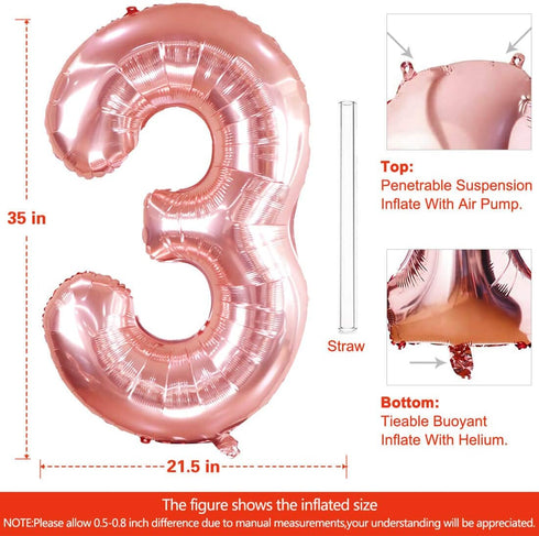 40 Inch Large Rose Gold Number 3 Balloon, Jumbo Mylar Foil Helium Balloon for Birthday Party