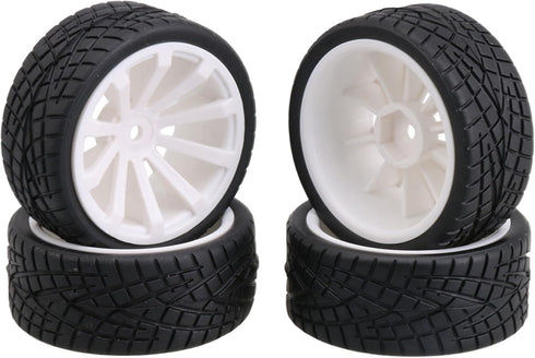 Mxfans 12mm Hex White Plastic 10-Spoke Wheel Rims & Black Fish Pattern Rubber Tires for RC 1:10 Racing Car