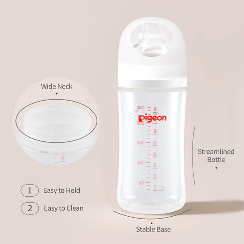 Pigeon PP Nursing Bottle Wide Neck, 8.1 Oz (Pack of 4), Natural Feel, Easy to Clean, Includes 4pcs M Nipples (3m+)