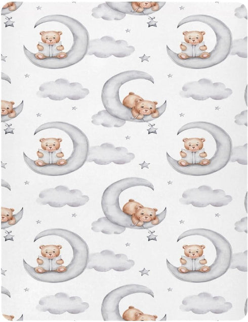 XLIANBIN Teddy Bears Fitted Crib Sheets Watercolor Moon Star Clouds Grey Soft and Breathable Standard Baby Sheet