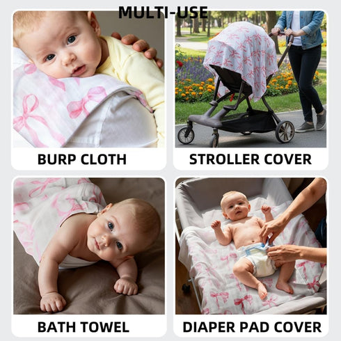 REZIPO 2 Pack 70% 30% 47 47 Inches Pink Bow Muslin Swaddle Blankets Bambo Cotton Breathable Receiving Blankets Newborn