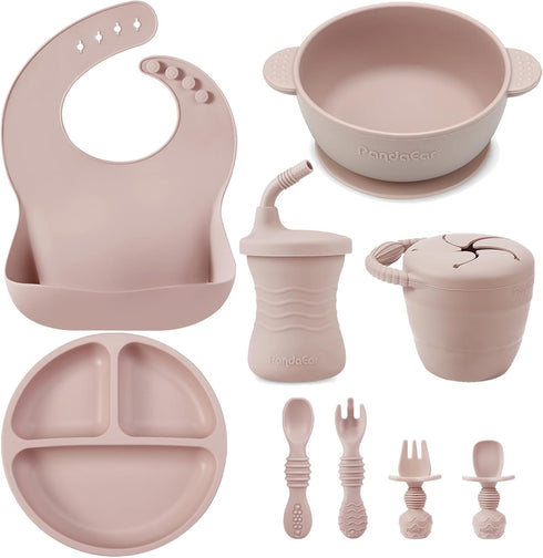 PandaEar Silicone Baby Feeding Set, 9PCS Self Feeding Utensils, Suction Plate, Bowl, Bibs, Pink
