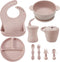 PandaEar Silicone Baby Feeding Set, 9PCS Self Feeding Utensils, Suction Plate, Bowl, Bibs, Pink
