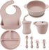PandaEar Silicone Baby Feeding Set, 9PCS Self Feeding Utensils, Suction Plate, Bowl, Bibs, Pink