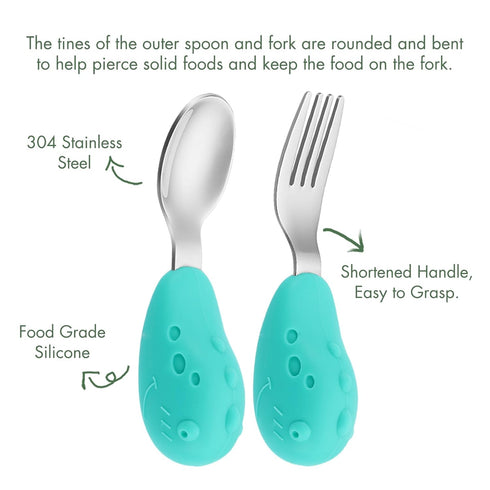 Baby Fork and Spoon Set with Carry Case, Toddler Training Utensils in Silicone and Stainless Steel - Dinosaur Design