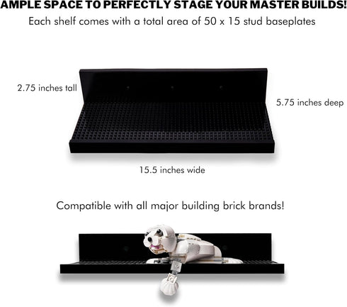 16-inch Building Brick Display Shelves, Set of 2 in Black, Compatible with All Toy Brick Brands