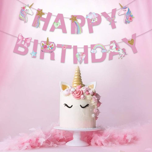 CC HOME Unicorn Happy Birthday Banner/Unicorn Party Supplies for Kids Birthday Party Decoration, Pink