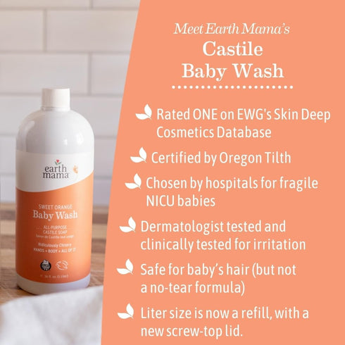 Earth Mama Sweet Orange Baby Wash Liquid Hand Soap Refill, Organic Body Wash, 34 fl oz