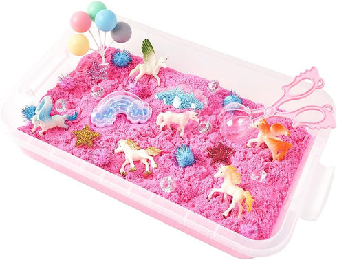 38 PCS Unicorn Sensory Sand Bin | Magic Sand for Toddlers with Scooper | Sparkly Pom-Poms for a Magical Fairytale Gift