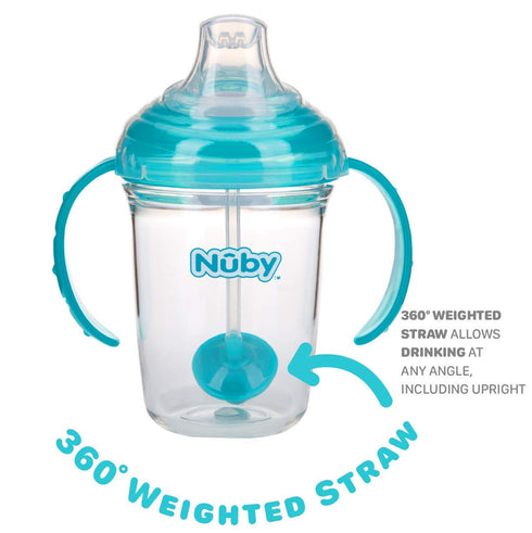 Nuby No Spill 360 Weighted Straw Grip N' Sip Tritan Cup, 8 Oz, Trainer Cup, Teal with Hygienic Cover