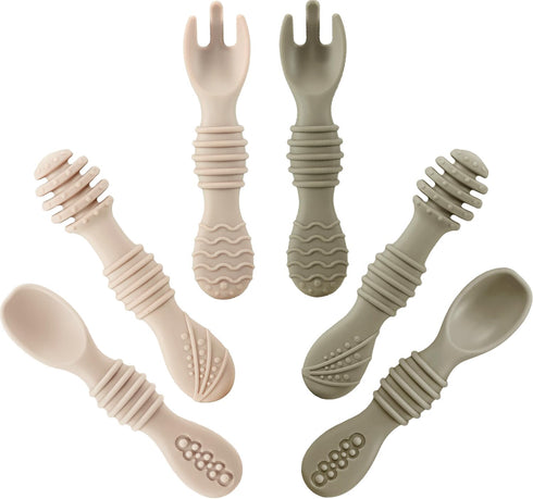 PandaEar Silicone Baby Spoons & Fork Feeding Set, 6 Pack, BPA Free Self Feeding Utensils for Infant Weaning