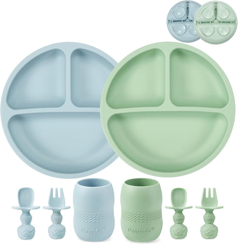 PandaEar Silicone Baby Feeding Set, 2 Pack Silicone Divided Suction Plate, 2 Pack Tiny Cup with 2 Spoons 2 Forks, Baby