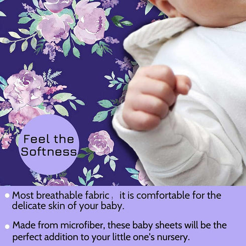 Girl Crib Sheet, Purple Flower Nursery Bed, Flower Sheets for Baby Toddler Mattress, Stretchy and Soft Premium Crib