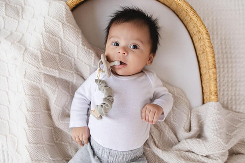 Muslin Cotton Pacifier Clips - Metal-Free, Lightweight and Secure Pacifier Holder for Babies (Cloud Rve) - Mila & Lulu