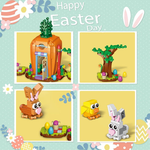Set, 2 Easter Bunny Carrot House Building Rabbits, Chick, Colorful Easter Egg and Basket Toy, Building Blocks Kit