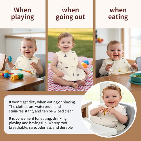 Cococu 6-24M(Beige Baby Bibs for Eating,Baby Smock bib with Silicone Catcher, Waterproof Baby Bib Shirt, Baby Feeding